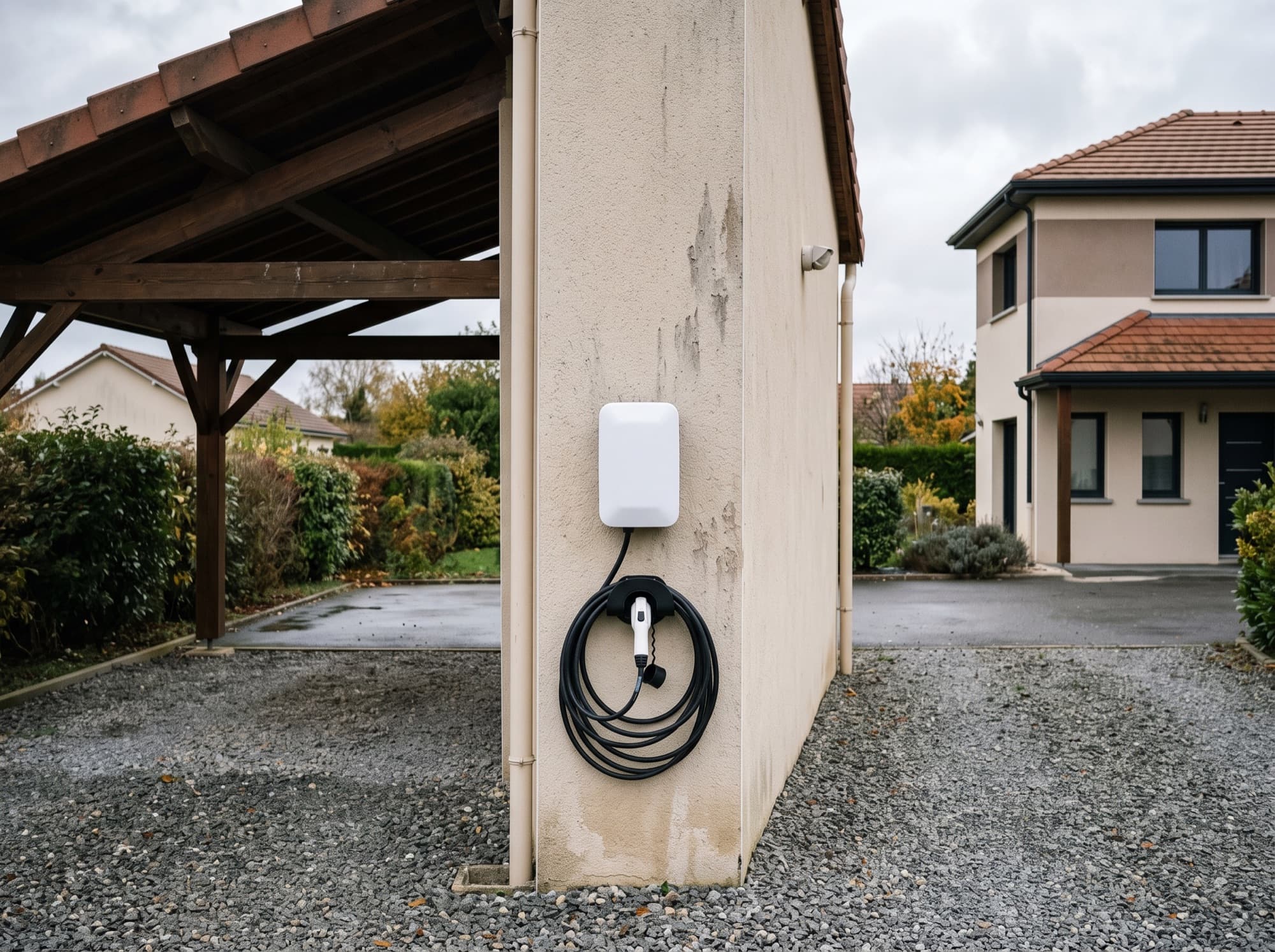 Borne de recharge pour véhicule électrique installée dans un garage