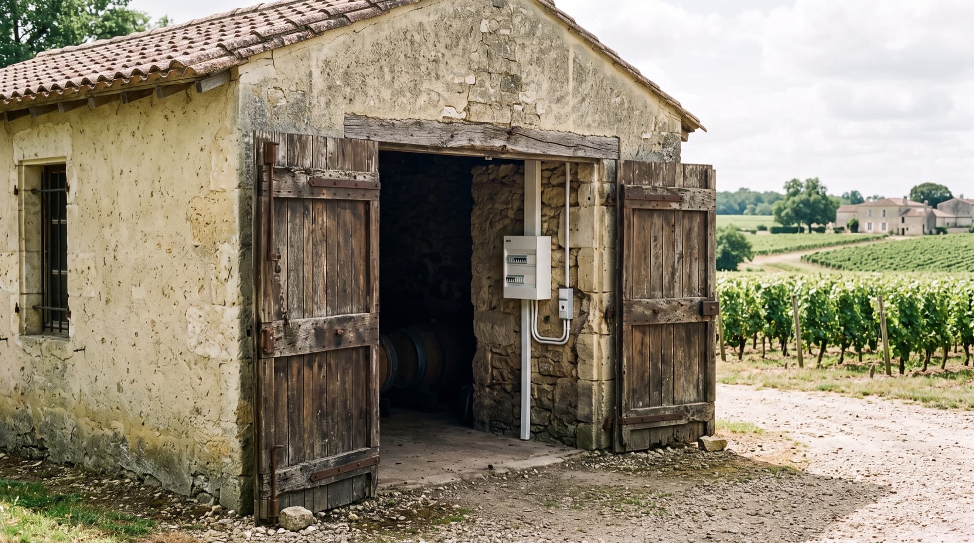 Chai en pierre d'un domaine des Graves, vignes en arrière-plan, tableau électrique neuf visible par la porte
